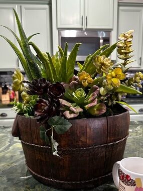 Succulent Barrel Arrangement -Green & Red Large rustic wood barrel planter 15x16